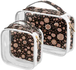 Brown-vintage-flowers Pattern 2 Pack Clear Toiletry Bag Women Men, Portable Waterproof Clear Pouch, Cosmetic Bag with Double Zippers Large Opening Traveling with Handle for Bathroom Traveling Vacation