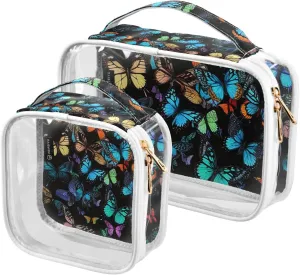 Butterflies-colors2 2 Pack Clear Toiletry Bag Women Men, Portable Waterproof Clear Pouch, Cosmetic Bag with Double Zippers Large Opening Traveling with Handle for Bathroom Traveling Vacation Organizin