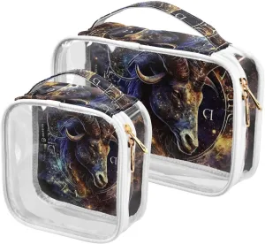 Capricorn-horoscope 2 Pack Clear Toiletry Bag Women Men, Portable Waterproof Clear Pouch, Cosmetic Bag with Double Zippers Large Opening Traveling with Handle for Bathroom Traveling Vacation Organizin
