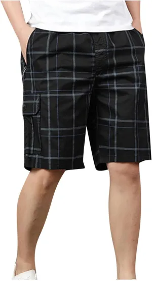 Cargo Shorts for Men Trendy Plaid Print Outdoor Shorts Multiple Pockets Work Shorts Lightweight Elastic Waist Shorts