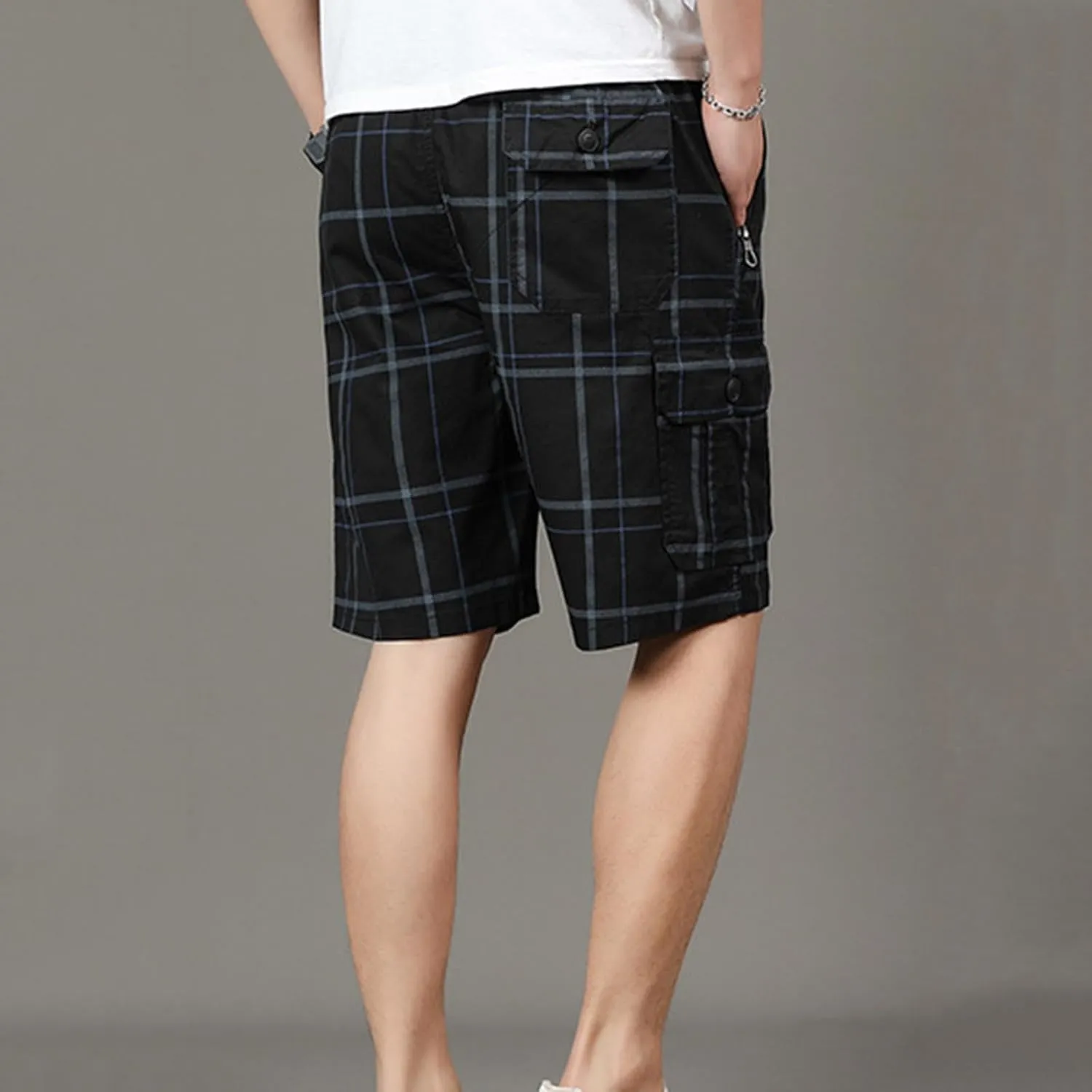 Cargo Shorts for Men Trendy Plaid Print Outdoor Shorts Multiple Pockets Work Shorts Lightweight Elastic Waist Shorts