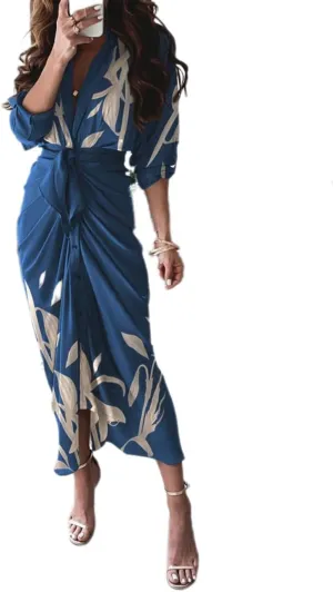 Casual Fall Dress for Women Floral Print Wrap Dress Navy Blue Long Sleeves Evening Beach Sundresses