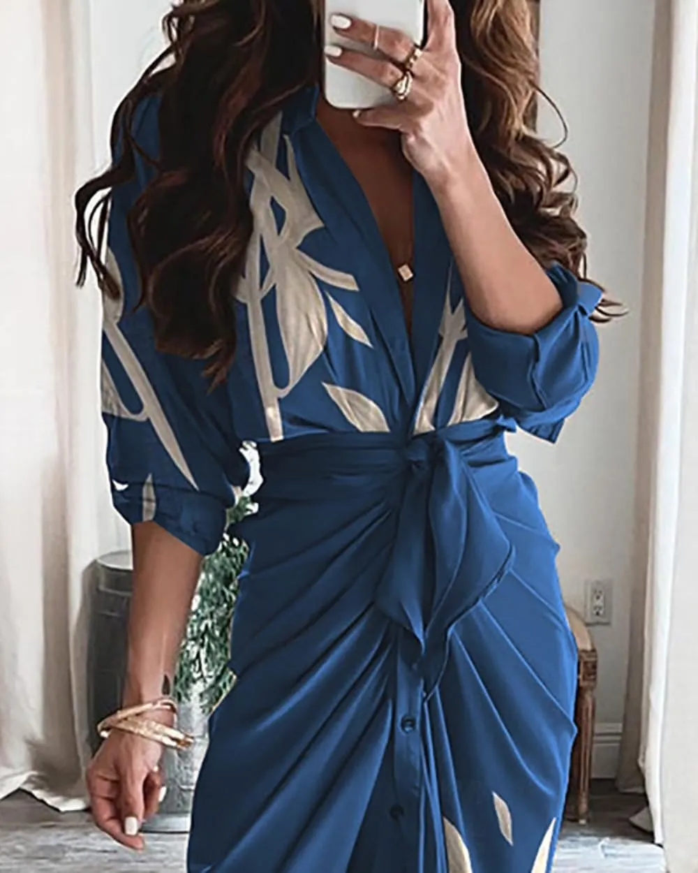 Casual Fall Dress for Women Floral Print Wrap Dress Navy Blue Long Sleeves Evening Beach Sundresses