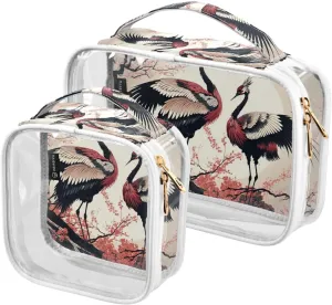 Cherry-blossoms-sakuras-cranes 2 Pack Clear Toiletry Bag Women Men, Portable Waterproof Clear Pouch, Cosmetic Bag with Double Zippers Large Opening Traveling with Handle for Bathroom Traveling Vacatio