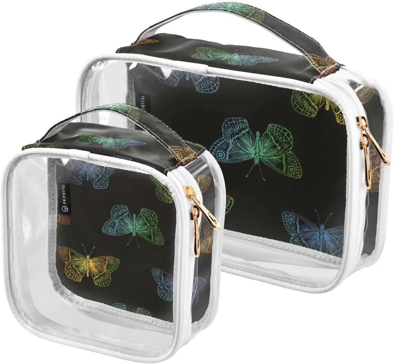 Colorful-butterflies Texture 2 Pack Clear Toiletry Bag Women Men, Portable Waterproof Clear Pouch, Cosmetic Bag with Double Zippers Large Opening Traveling with Handle for Bathroom Traveling Vacation