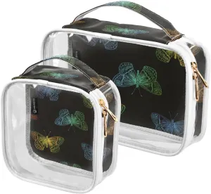 Colorful-butterflies Texture 2 Pack Clear Toiletry Bag Women Men, Portable Waterproof Clear Pouch, Cosmetic Bag with Double Zippers Large Opening Traveling with Handle for Bathroom Traveling Vacation