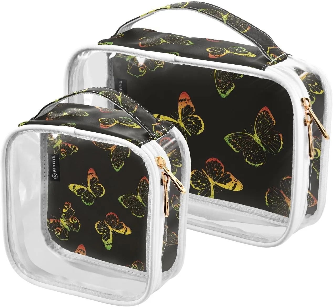 Colorful-drawn-butterflies Texture 2 Pack Clear Toiletry Bag Women Men, Portable Waterproof Clear Pouch, Cosmetic Bag with Double Zippers Large Opening Traveling with Handle for Bathroom Traveling Vac