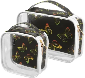Colorful-drawn-butterflies Texture 2 Pack Clear Toiletry Bag Women Men, Portable Waterproof Clear Pouch, Cosmetic Bag with Double Zippers Large Opening Traveling with Handle for Bathroom Traveling Vac