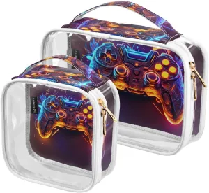 Colorful Game Controller 2 Pack Clear Toiletry Bag Women Men, Portable Waterproof Clear Pouch, Cosmetic Bag with Double Zippers Large Opening Traveling with Handle for Bathroom Traveling Vacation Orga