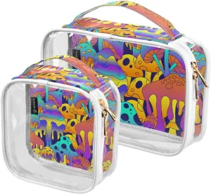 Colorful-mushroom-pattern 2 Pack Clear Toiletry Bag Women Men, Portable Waterproof Clear Pouch, Cosmetic Bag with Double Zippers Large Opening Traveling with Handle for Bathroom Traveling Vacation Org