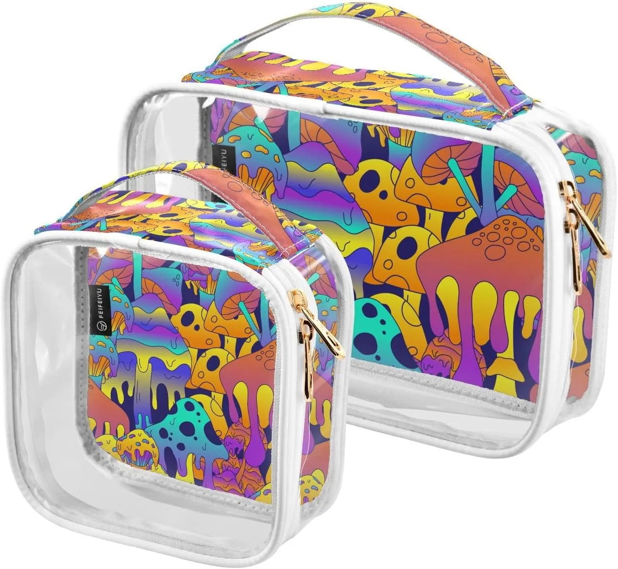 Colorful-mushroom-pattern 2 Pack Clear Toiletry Bag Women Men, Portable Waterproof Clear Pouch, Cosmetic Bag with Double Zippers Large Opening Traveling with Handle for Bathroom Traveling Vacation Org