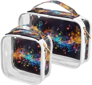 Colorful Music Texture 2 Pack Clear Toiletry Bag Women Men, Portable Waterproof Clear Pouch, Cosmetic Bag with Double Zippers Large Opening Traveling with Handle for Bathroom Traveling Vacation Organi