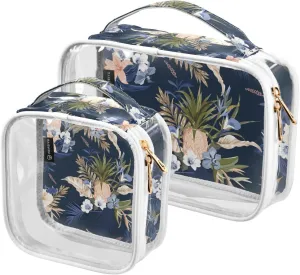 Colorful-plants Pattern 2 Pack Clear Toiletry Bag Women Men, Portable Waterproof Clear Pouch, Cosmetic Bag with Double Zippers Large Opening Traveling with Handle for Bathroom Traveling Vacation Organ