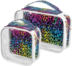 Colorful-rainbow-leopard-pattern 2 Pack Clear Toiletry Bag Women Men, Portable Waterproof Clear Pouch, Cosmetic Bag with Double Zippers Large Opening Traveling with Handle for Bathroom Traveling Vacat