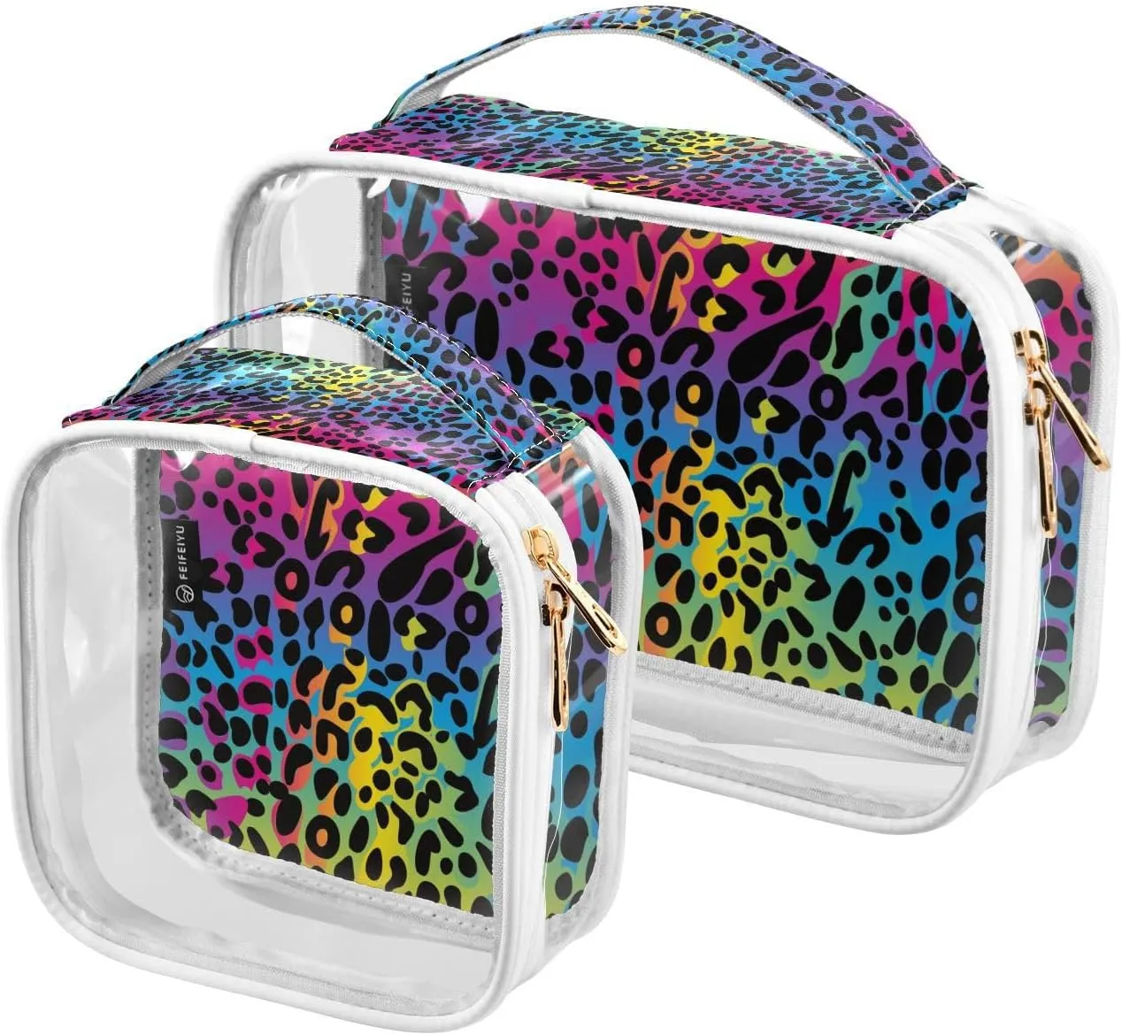 Colorful-rainbow-leopard-pattern 2 Pack Clear Toiletry Bag Women Men, Portable Waterproof Clear Pouch, Cosmetic Bag with Double Zippers Large Opening Traveling with Handle for Bathroom Traveling Vacat