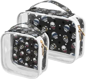 Colorful-skull-pattern 2 Pack Clear Toiletry Bag Women Men, Portable Waterproof Clear Pouch, Cosmetic Bag with Double Zippers Large Opening Traveling with Handle for Bathroom Traveling Vacation Organi