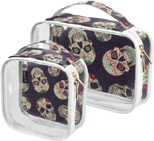 Colorful Skull Pattern 2 Pack Clear Toiletry Bag Women Men, Portable Waterproof Clear Pouch, Cosmetic Bag with Double Zippers Large Opening Traveling with Handle for Bathroom Traveling Vacation Organi
