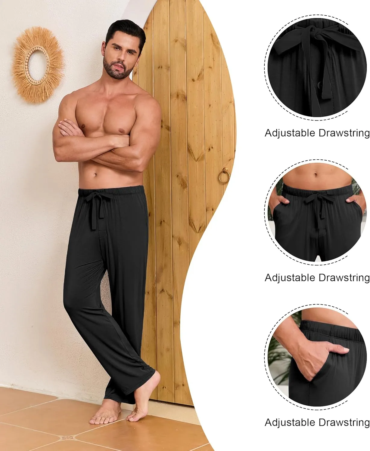 COLORFULLEAF Men's Pajama Pants Made from Bamboo Rayon Lounge Pants Summer Drawstring Yoga Sweatpants with Pockets