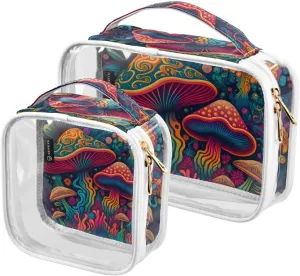 Colors Mushrooms Pattern 2 Pack Clear Toiletry Bag Women Men, Portable Waterproof Clear Pouch, Cosmetic Bag with Double Zippers Large Opening Traveling with Handle for Bathroom Traveling Vacation Orga