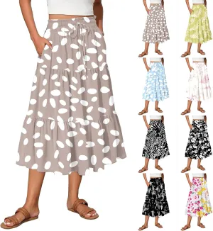COTECRAM Women's 2025 Bohemian Beach Skirts Flowy High Waist Tiered A Line Midi Skirt Trendy Summer Pleated Long Skirts