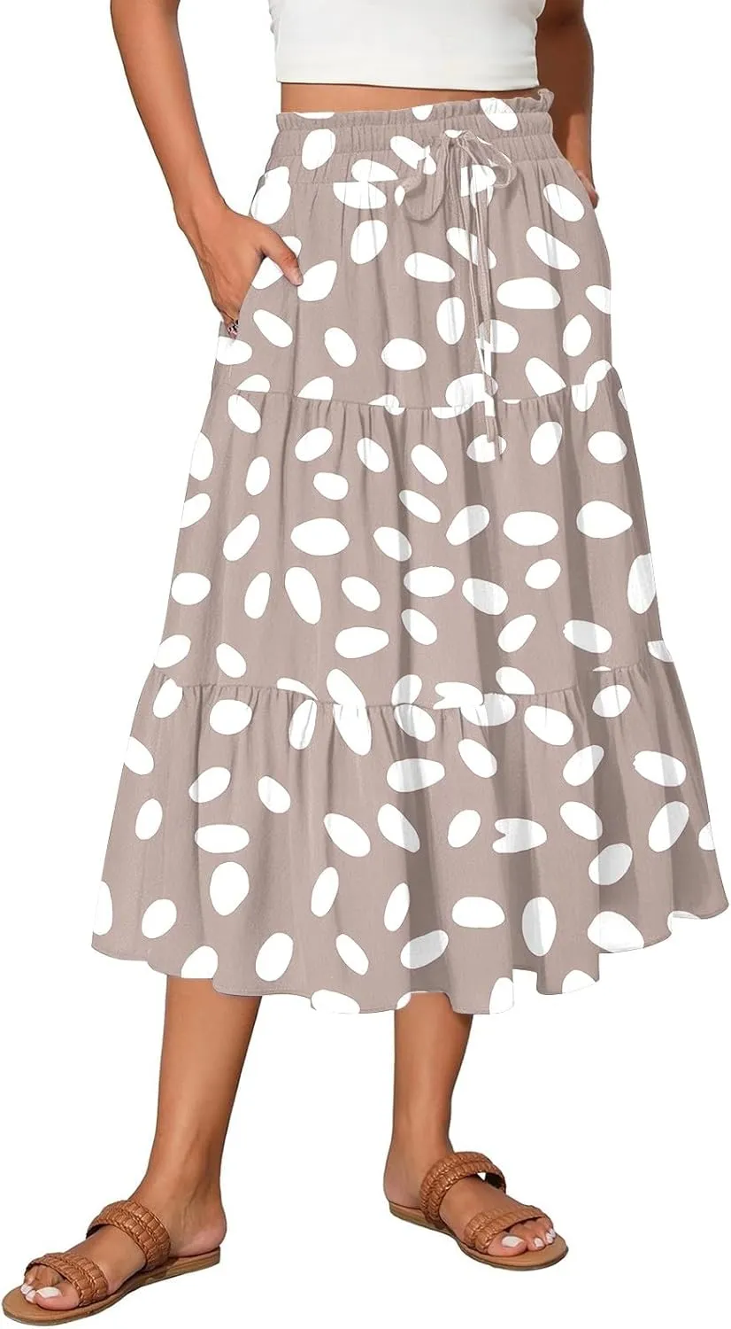 COTECRAM Women's 2025 Bohemian Beach Skirts Flowy High Waist Tiered A Line Midi Skirt Trendy Summer Pleated Long Skirts