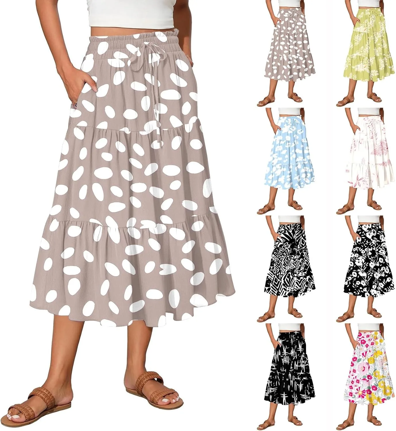 COTECRAM Women's 2025 Bohemian Beach Skirts Flowy High Waist Tiered A Line Midi Skirt Trendy Summer Pleated Long Skirts