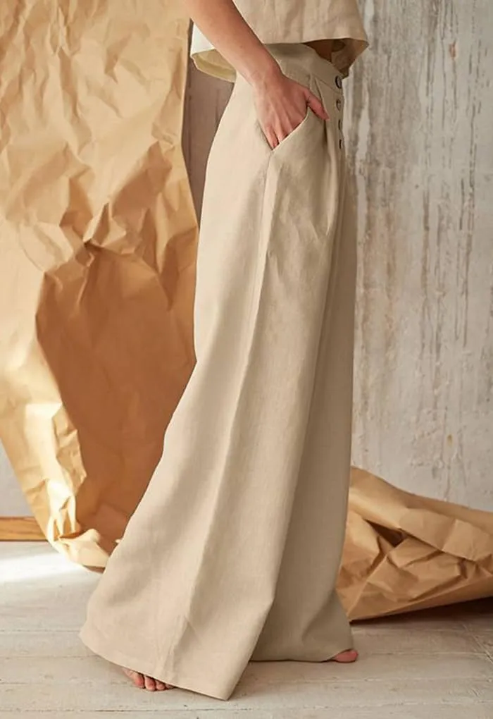 Cotton Linen High Waisted Wide Leg Button Down Loose Pants