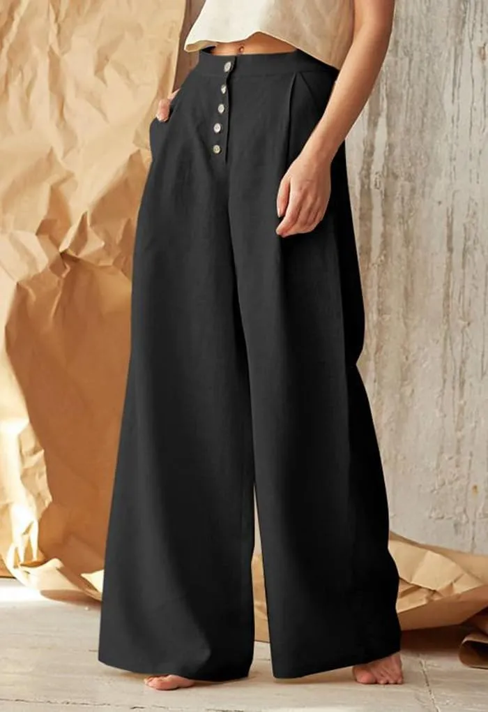 Cotton Linen High Waisted Wide Leg Button Down Loose Pants