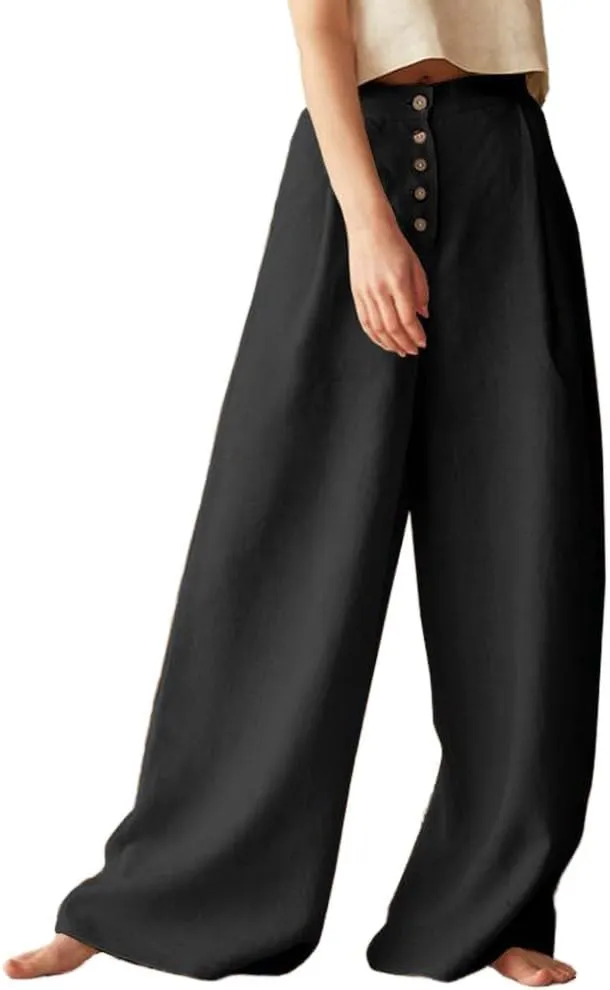 Cotton Linen High Waisted Wide Leg Button Down Loose Pants