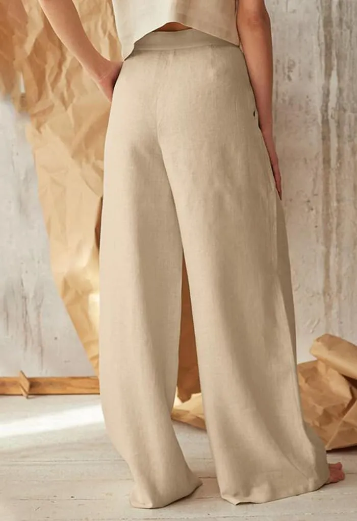 Cotton Linen High Waisted Wide Leg Button Down Loose Pants