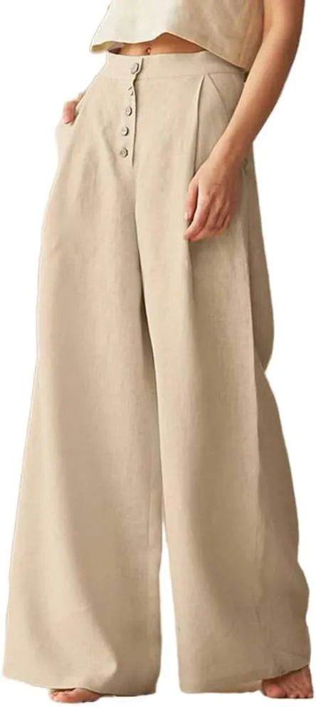 Cotton Linen High Waisted Wide Leg Button Down Loose Pants