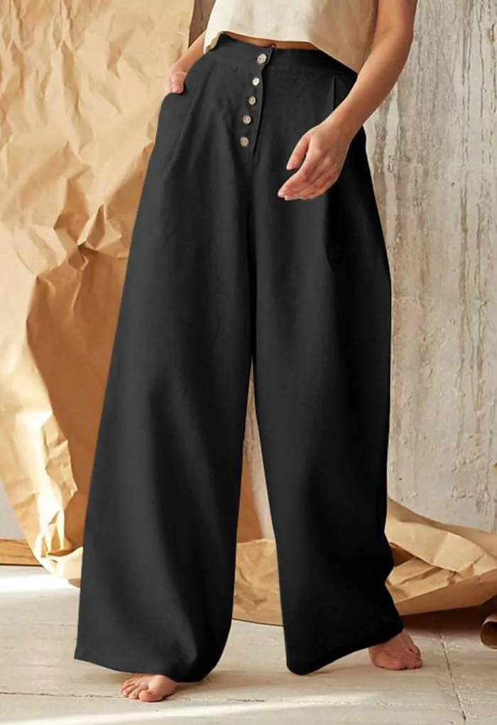 Cotton Linen High Waisted Wide Leg Button Down Loose Pants
