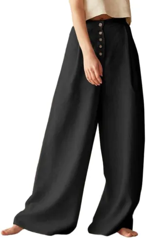 Cotton Linen High Waisted Wide Leg Button Down Loose Pants