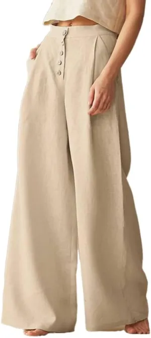 Cotton Linen High Waisted Wide Leg Button Down Loose Pants