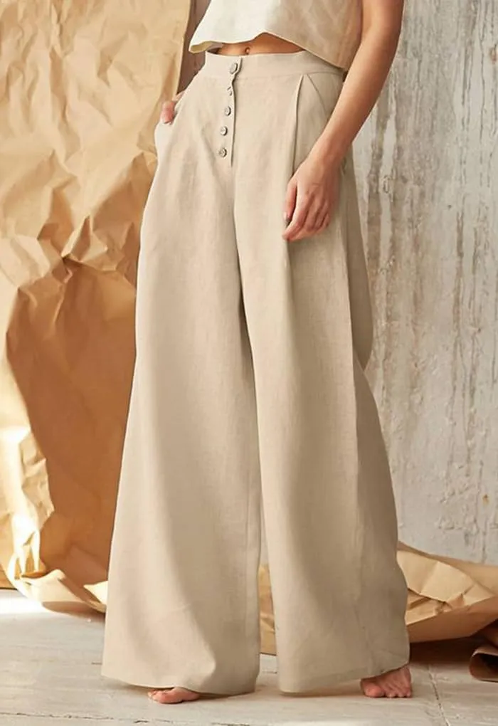 Cotton Linen High Waisted Wide Leg Button Down Loose Pants