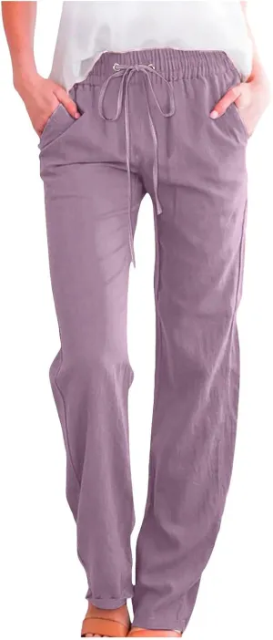 Cotton Linen Pants Women Casual Summer Loose Fit Solid Color Straight Leg Beach High Waist Linen Pants Comfy Lounge Trousers