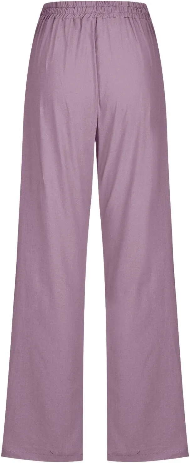 Cotton Linen Pants Women Casual Summer Loose Fit Solid Color Straight Leg Beach High Waist Linen Pants Comfy Lounge Trousers