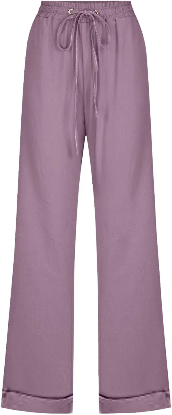 Cotton Linen Pants Women Casual Summer Loose Fit Solid Color Straight Leg Beach High Waist Linen Pants Comfy Lounge Trousers