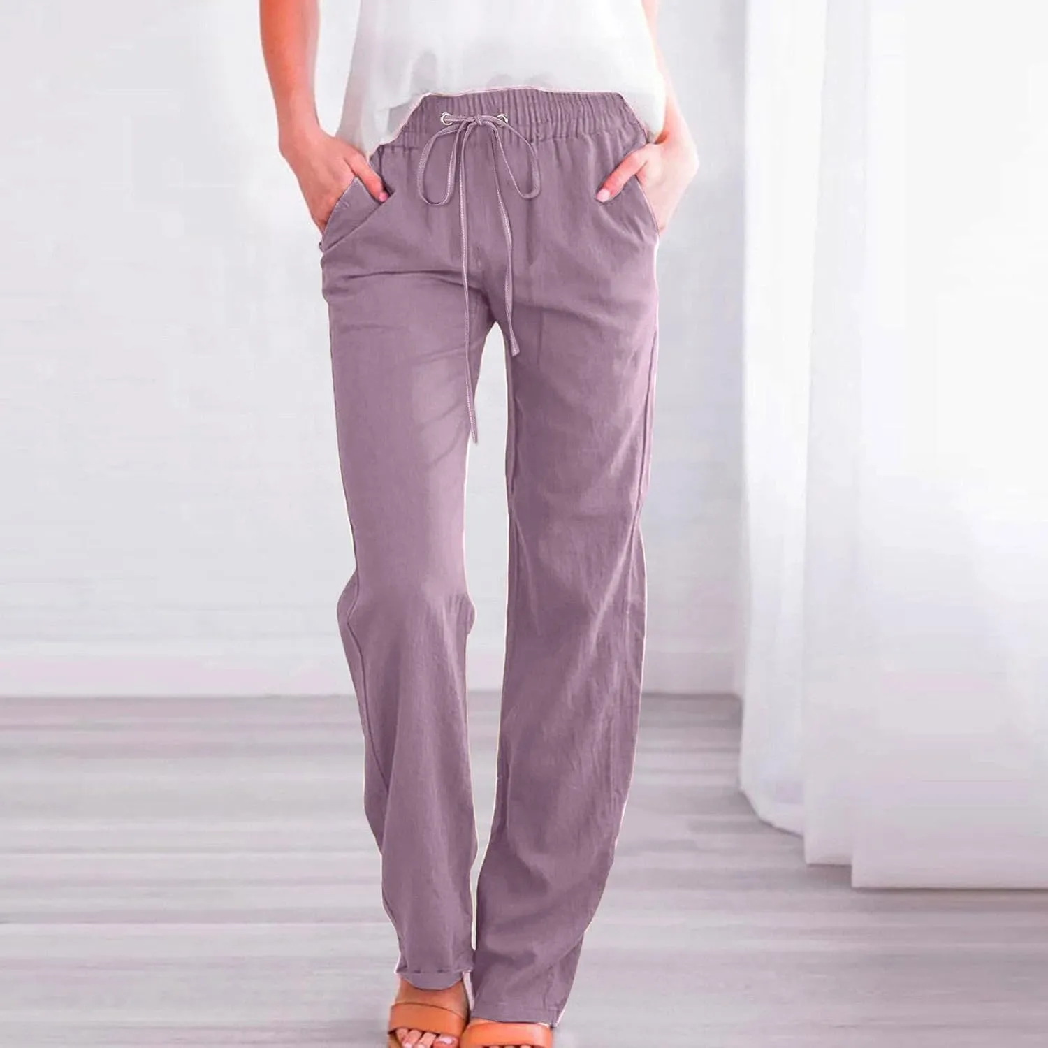 Cotton Linen Pants Women Casual Summer Loose Fit Solid Color Straight Leg Beach High Waist Linen Pants Comfy Lounge Trousers