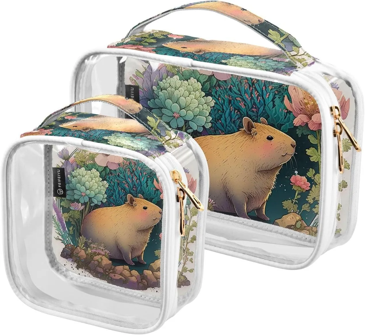 Cute-anime-capybara 2 Pack Clear Toiletry Bag Women Men, Portable Waterproof Clear Pouch, Cosmetic Bag with Double Zippers Large Opening Traveling with Handle for Bathroom Traveling Vacation Organizin