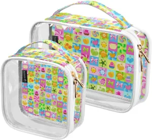 Cute-caramels-pattern 2 Pack Clear Toiletry Bag Women Men, Portable Waterproof Clear Pouch, Cosmetic Bag with Double Zippers Large Opening Traveling with Handle for Bathroom Traveling Vacation Organiz