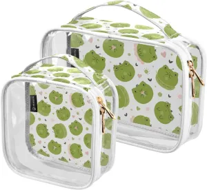 Cute-frogs Pattern 2 Pack Clear Toiletry Bag Women Men, Portable Waterproof Clear Pouch, Cosmetic Bag with Double Zippers Large Opening Traveling with Handle for Bathroom Traveling Vacation Organizing