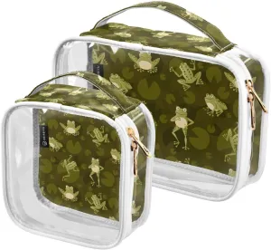 Cute-green-frog Print 2 Pack Clear Toiletry Bag Women Men, Portable Waterproof Clear Pouch, Cosmetic Bag with Double Zippers Large Opening Traveling with Handle for Bathroom Traveling Vacation Organiz