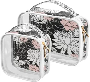Dark-floral Background 2 Pack Clear Toiletry Bag Women Men, Portable Waterproof Clear Pouch, Cosmetic Bag with Double Zippers Large Opening Traveling with Handle for Bathroom Traveling Vacation Organi