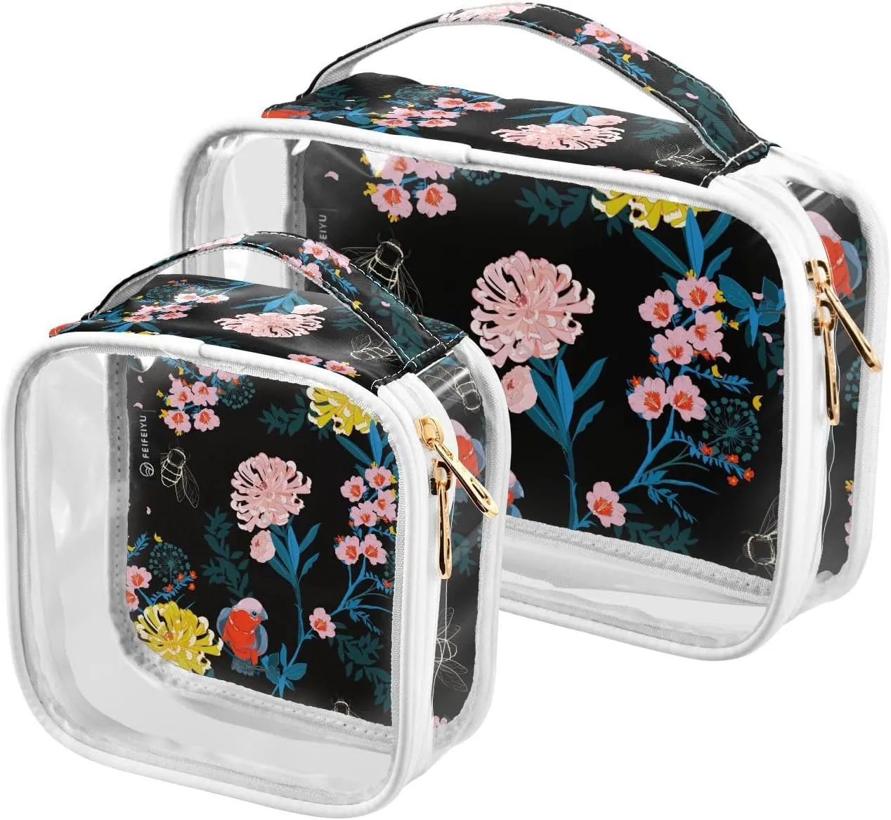 Dark-flowers Print 2 Pack Clear Toiletry Bag Women Men, Portable Waterproof Clear Pouch, Cosmetic Bag with Double Zippers Large Opening Traveling with Handle for Bathroom Traveling Vacation Organizing