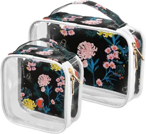 Dark-flowers Print 2 Pack Clear Toiletry Bag Women Men, Portable Waterproof Clear Pouch, Cosmetic Bag with Double Zippers Large Opening Traveling with Handle for Bathroom Traveling Vacation Organizing