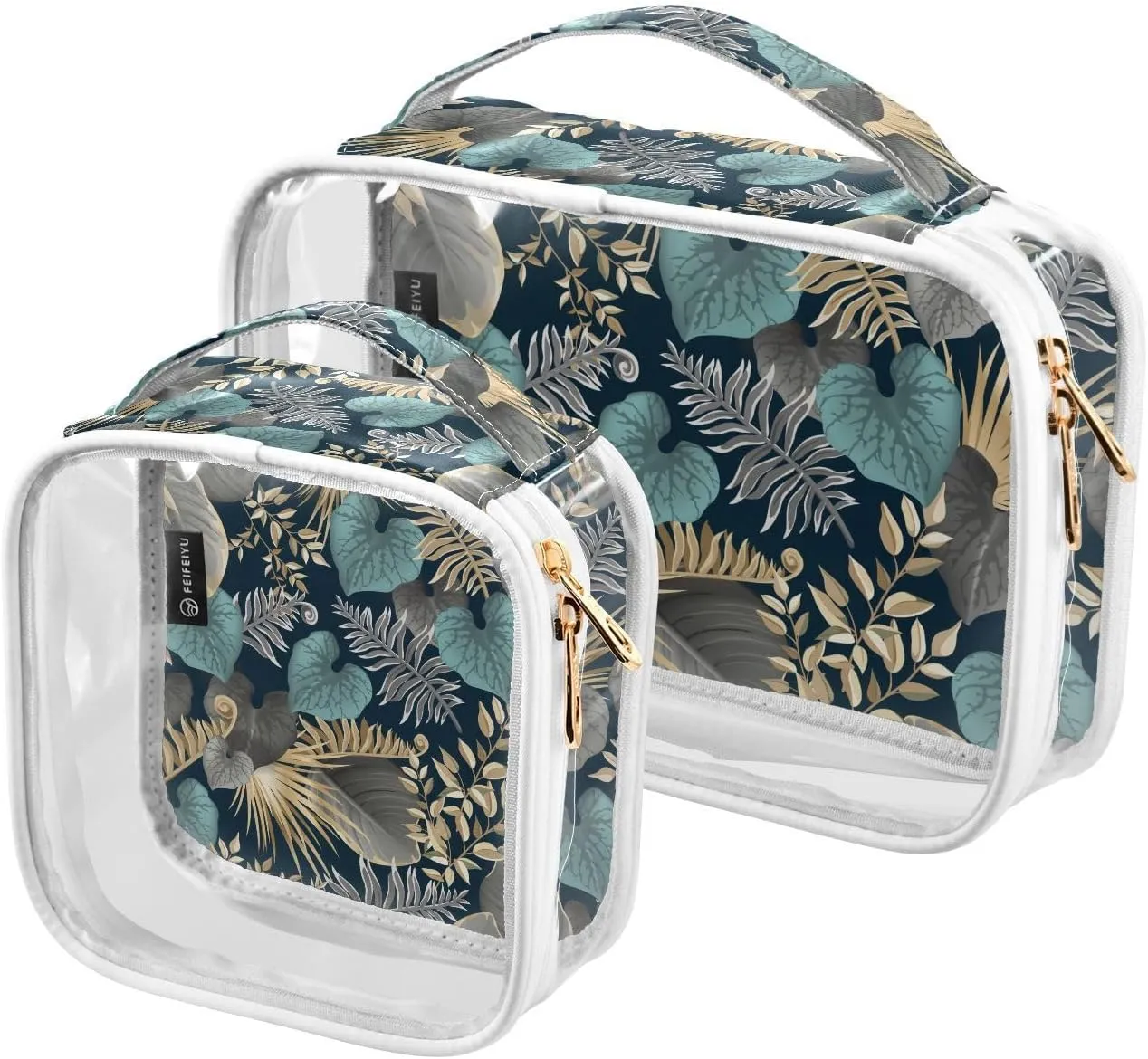 Dark-leaves-palms Pattern 2 Pack Clear Toiletry Bag Women Men, Portable Waterproof Clear Pouch, Cosmetic Bag with Double Zippers Large Opening Traveling with Handle for Bathroom Traveling Vacation Org