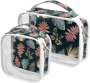 Dark-tropical-leaves Print 2 Pack Clear Toiletry Bag Women Men, Portable Waterproof Clear Pouch, Cosmetic Bag with Double Zippers Large Opening Traveling with Handle for Bathroom Traveling Vacation Or