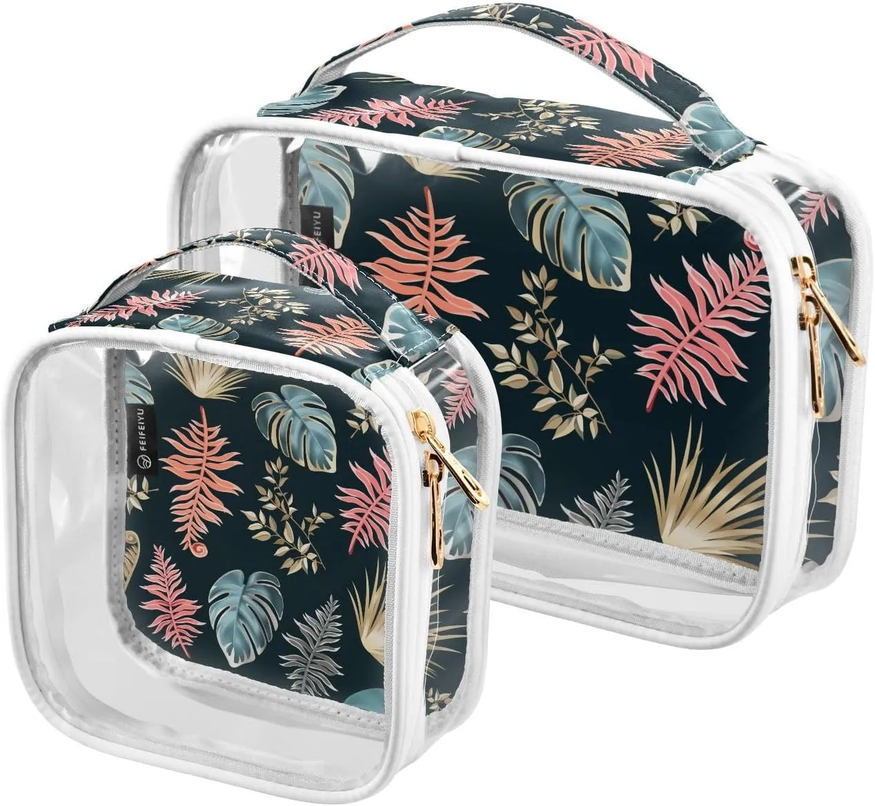 Dark-tropical-leaves Print 2 Pack Clear Toiletry Bag Women Men, Portable Waterproof Clear Pouch, Cosmetic Bag with Double Zippers Large Opening Traveling with Handle for Bathroom Traveling Vacation Or