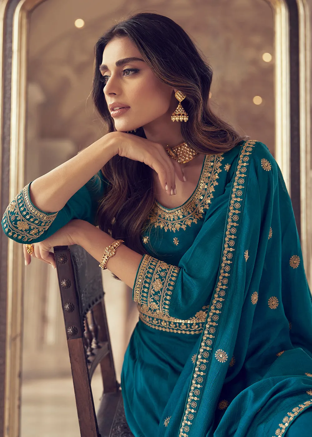 Designer Teal Blue Silk Floor Length Anarkali Suit